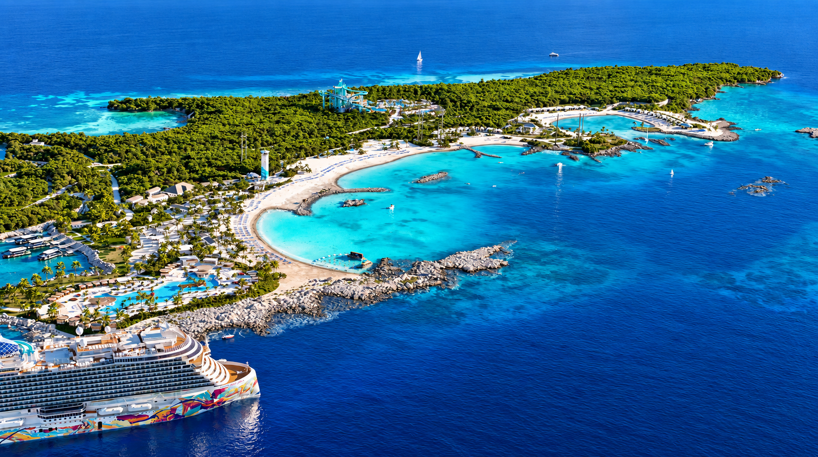 Vista aérea de Great Stirrup Cay, com praias e mar azul-turquesa