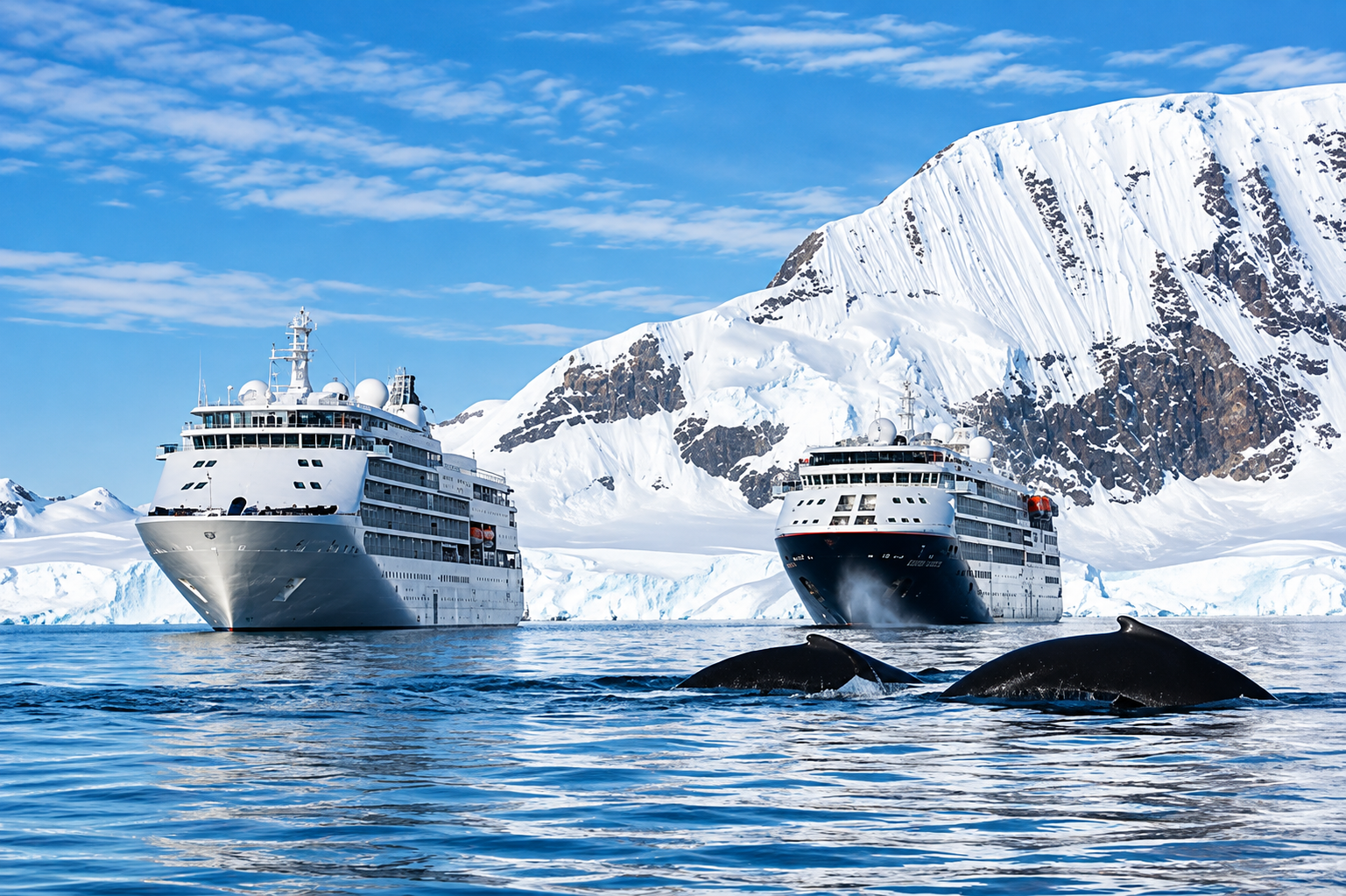 Navios de expedição entre montanhas cobertas de neve e baleias